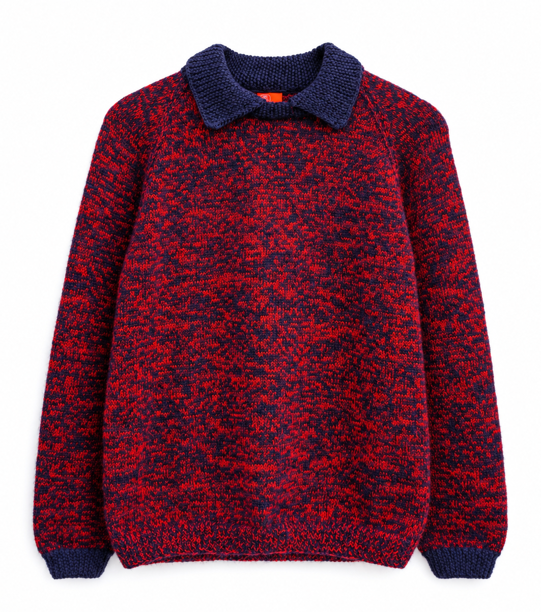 A long-sleeve knit polo-style sweater with a marled red and navy body and a solid navy collar, cuffs, and hem, shown flat against a white background.