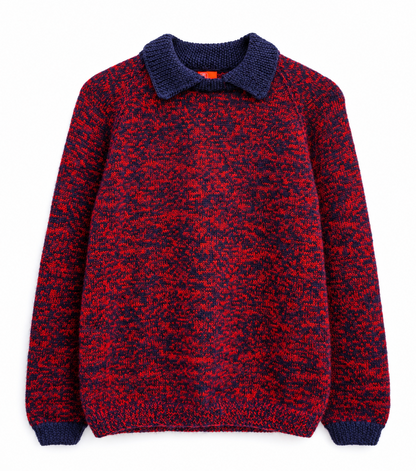 A long-sleeve knit polo-style sweater with a marled red and navy body and a solid navy collar, cuffs, and hem, shown flat against a white background.
