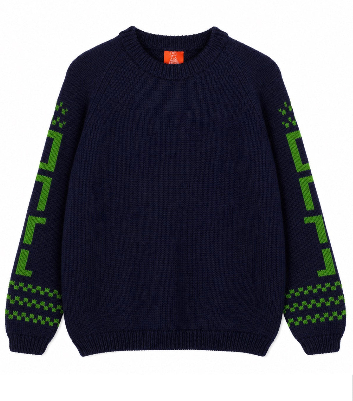 A dark navy blue knit crewneck sweater with green geometric patterns on both sleeves, displayed flat against a white background.