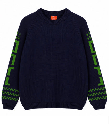 A dark navy blue knit crewneck sweater with green geometric patterns on both sleeves, displayed flat against a white background.