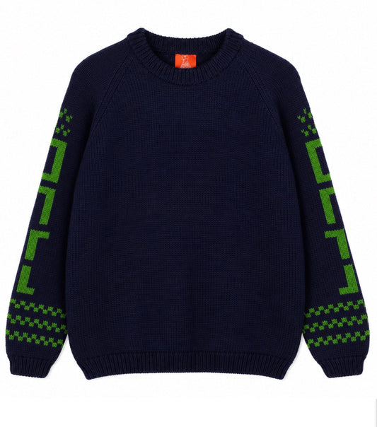 A dark navy blue knit crewneck sweater with green geometric patterns on both sleeves, displayed flat against a white background.