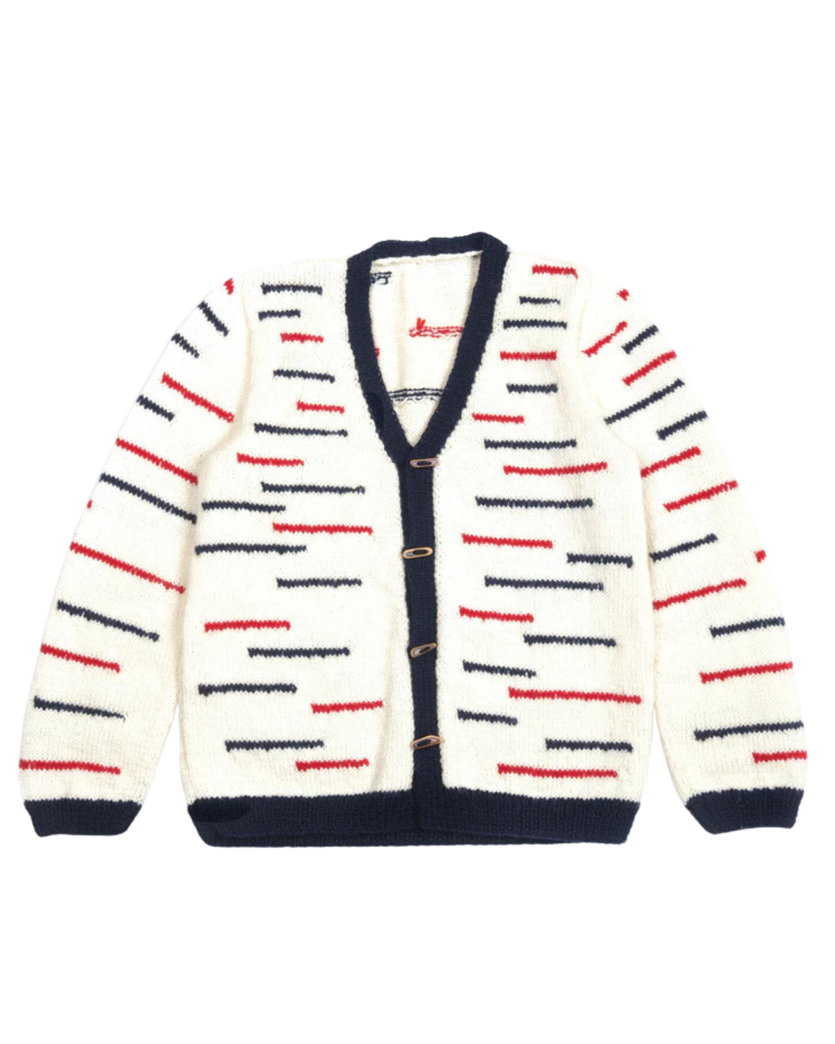 Navy Red Lined Cardigan, one-off hand-knitted cardigan by Kazak Woolies