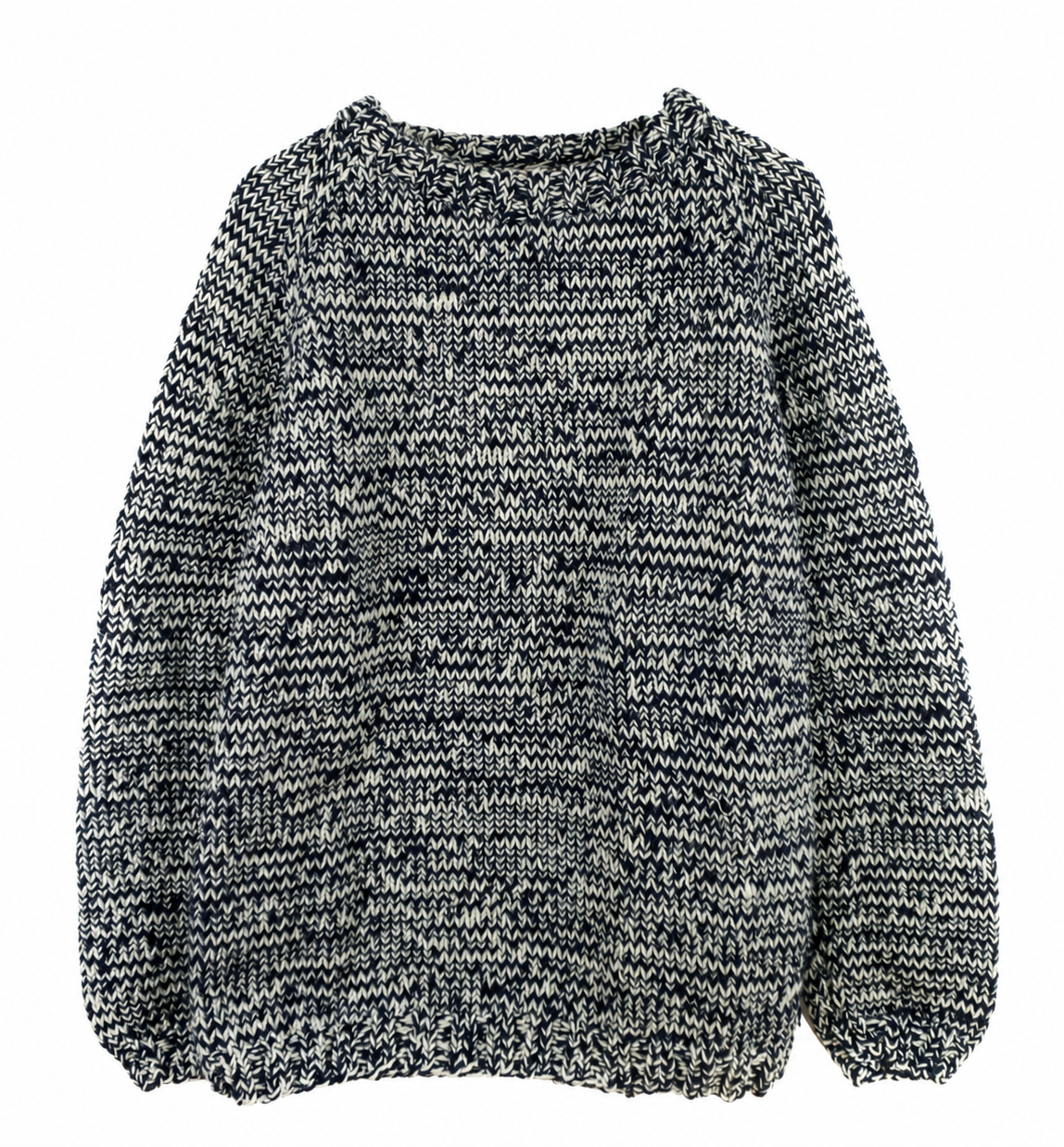 Navy and cream marled hand-knitted crewneck sweater with a chunky textured knit, raglan sleeves and ribbed neckline, cuffs and hem.