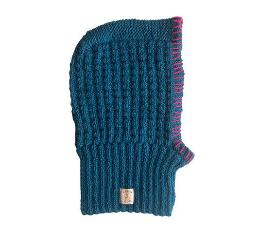 Ocean Berry Balaclava, one-off hand-knitted balaclava by Kazak Woolies