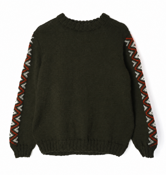 An olive green knit sweater with geometric patterned sleeve stripes in red, white, and gray, shown flat against a white background.
