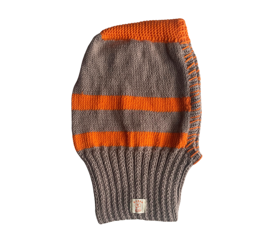 Orange Bands Balaclava, one-off hand-knitted balaclava by Kazak Woolies
