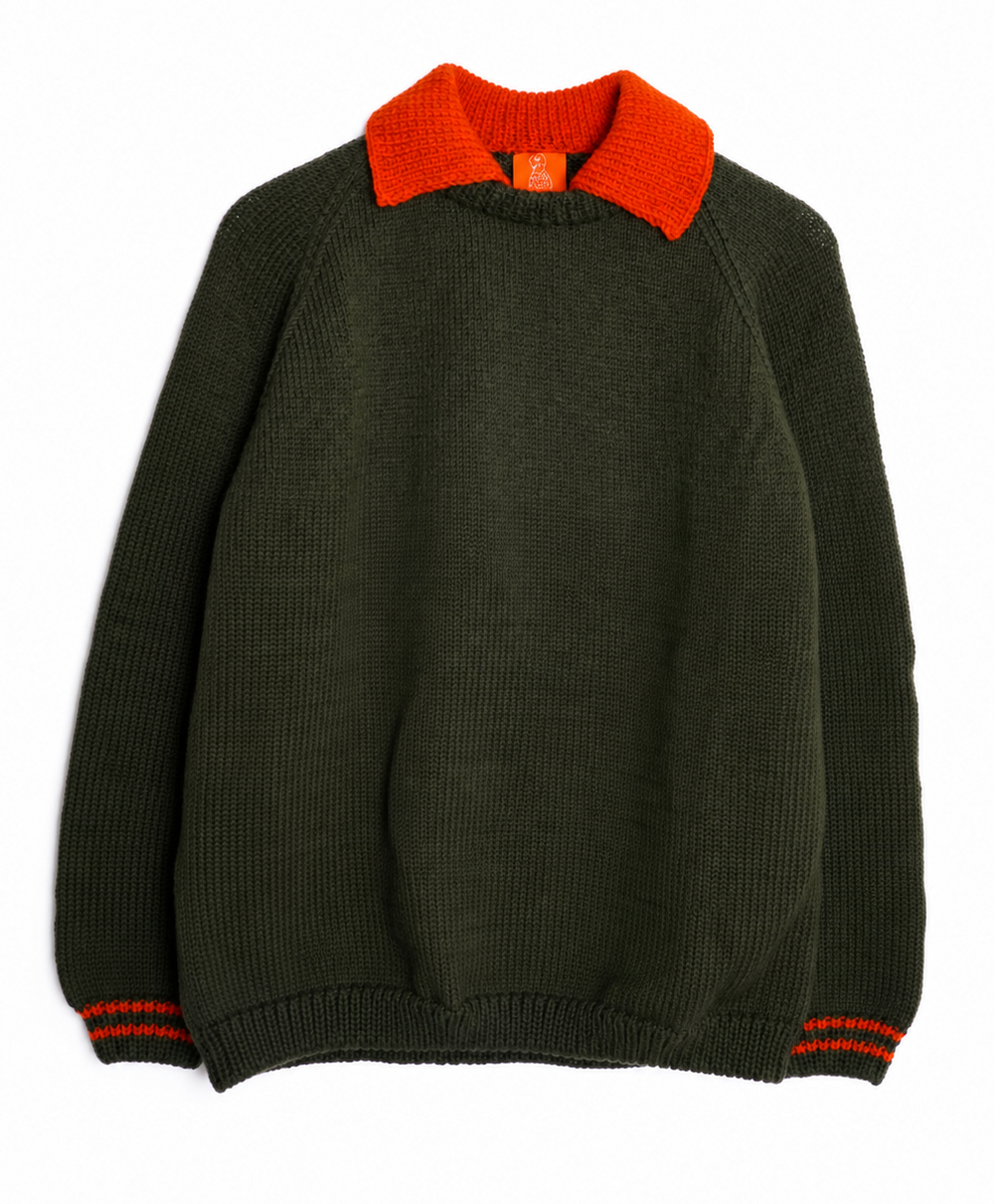 An oversized ribbed knit sweater in dark olive green with a contrasting bright orange collar and matching orange striped trim at the cuffs, shown flat against a white background.