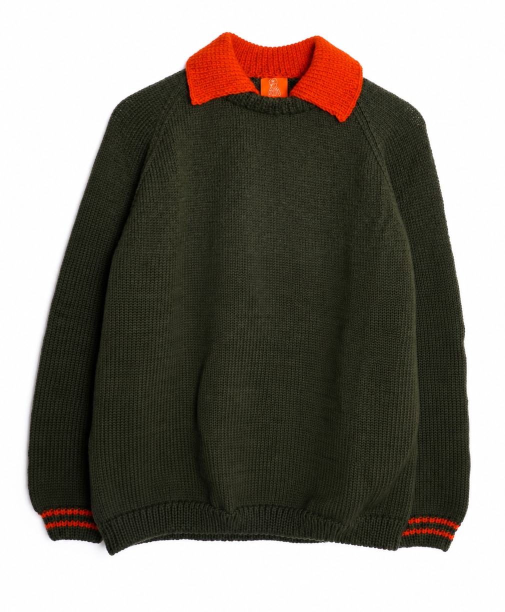 An oversized ribbed knit sweater in dark olive green with a contrasting bright orange collar and matching orange striped trim at the cuffs, shown flat against a white background.