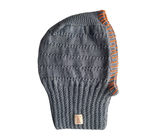 Orange Edge Grey Balaclava, one-off hand-knitted balaclava by Kazak Woolies