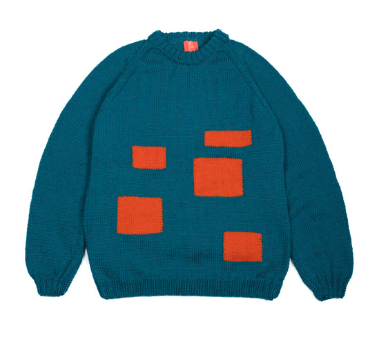 Orange Patched Jumper, one-off hand-knitted jumper by Kazak Woolies