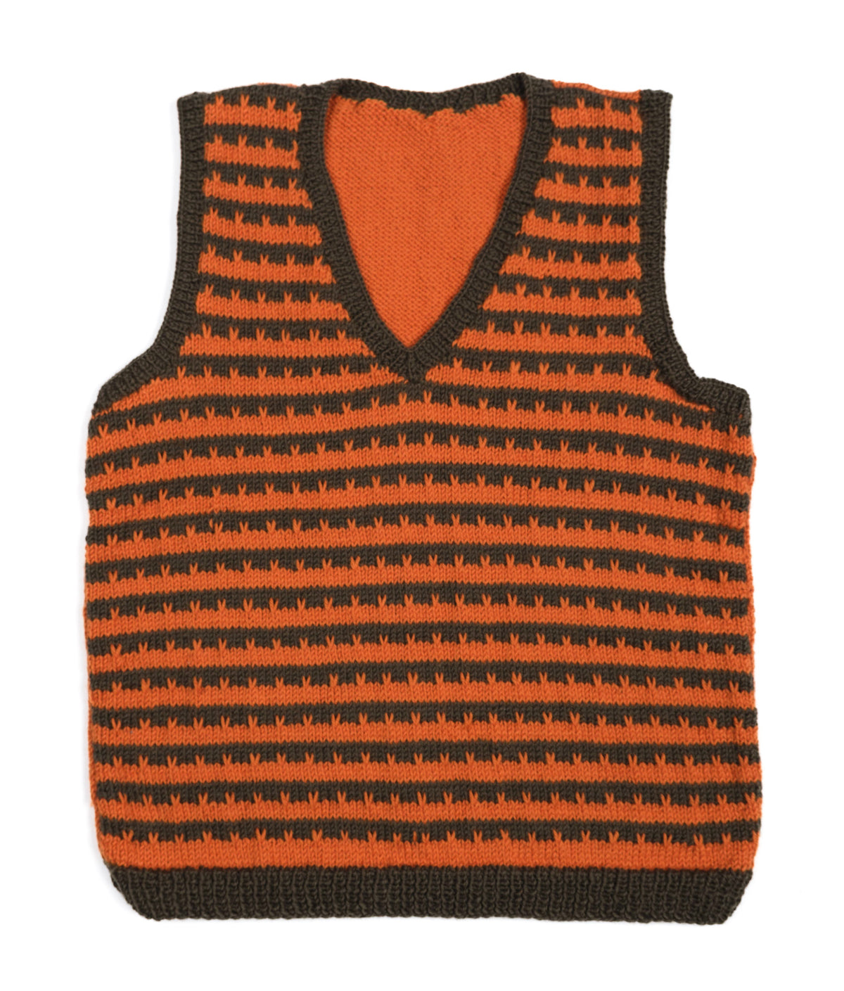 Orange Patterned Khaki Vest, one-off hand-knitted vest by Kazak Woolies