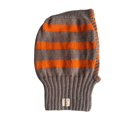 Orange Striped Balaclava, one-off hand-knitted balaclava by Kazak Woolies