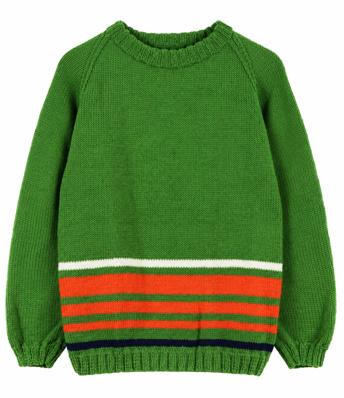A green knit sweater with a crew neck, raglan sleeves, and a striped hemband featuring orange, white, green, and navy blue stripes.