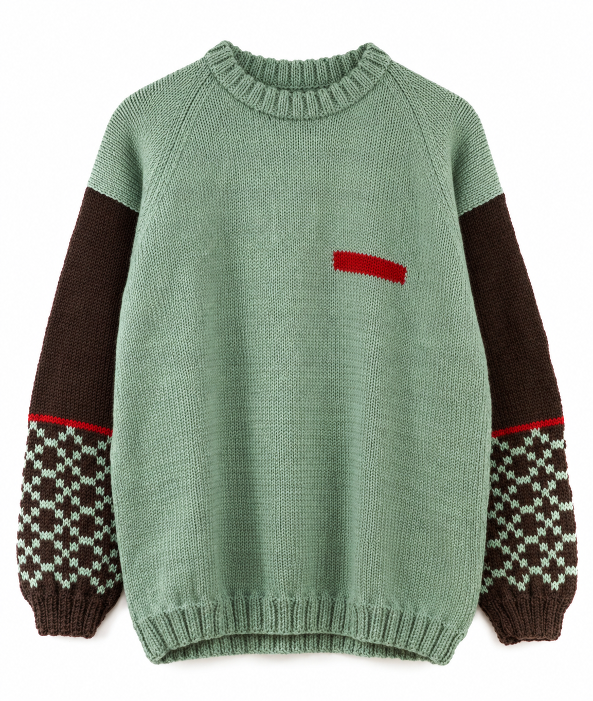 Green jumper on white background with brown arm knits with pattern on a white background