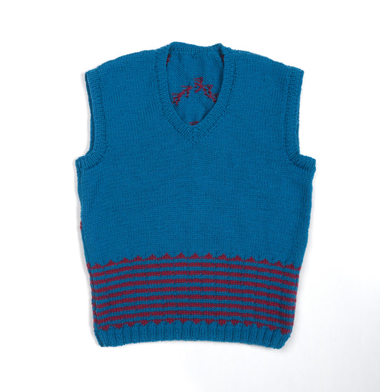 Patterned Back Cobalt Vest, one-off hand-knitted vest by Kazak Woolies