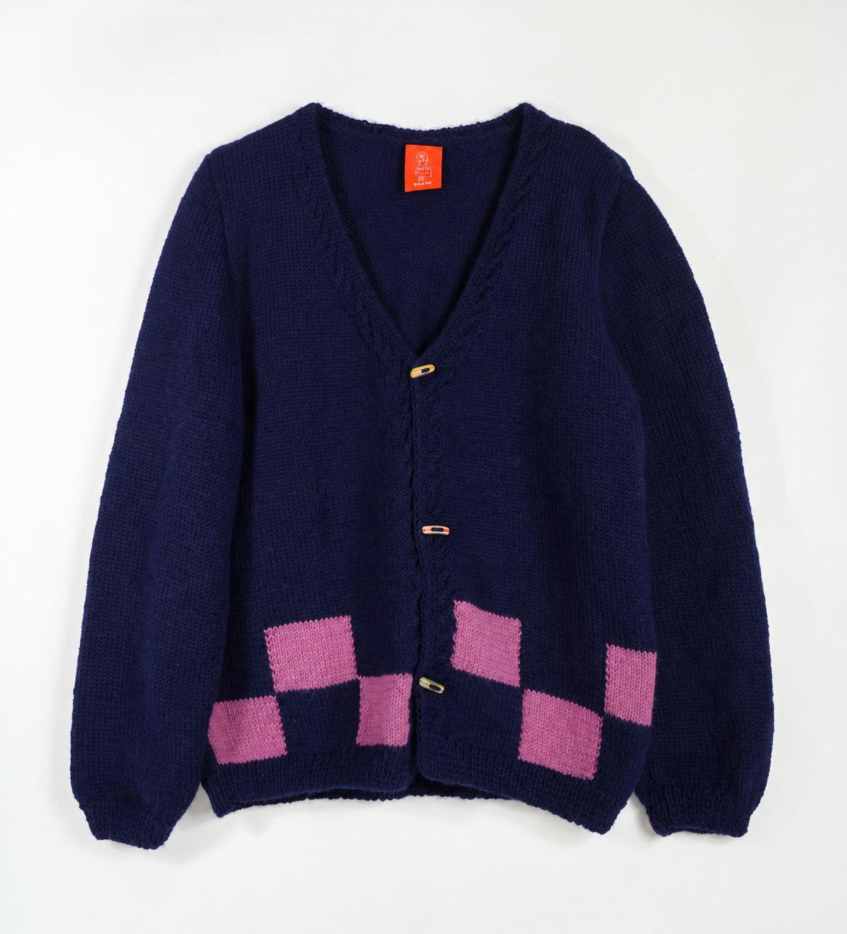 Pink Checkered Cardigan, one-off hand-knitted cardigan by Kazak Woolies