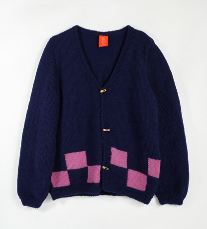 Pink Checkered Cardigan, one-off hand-knitted cardigan by Kazak Woolies