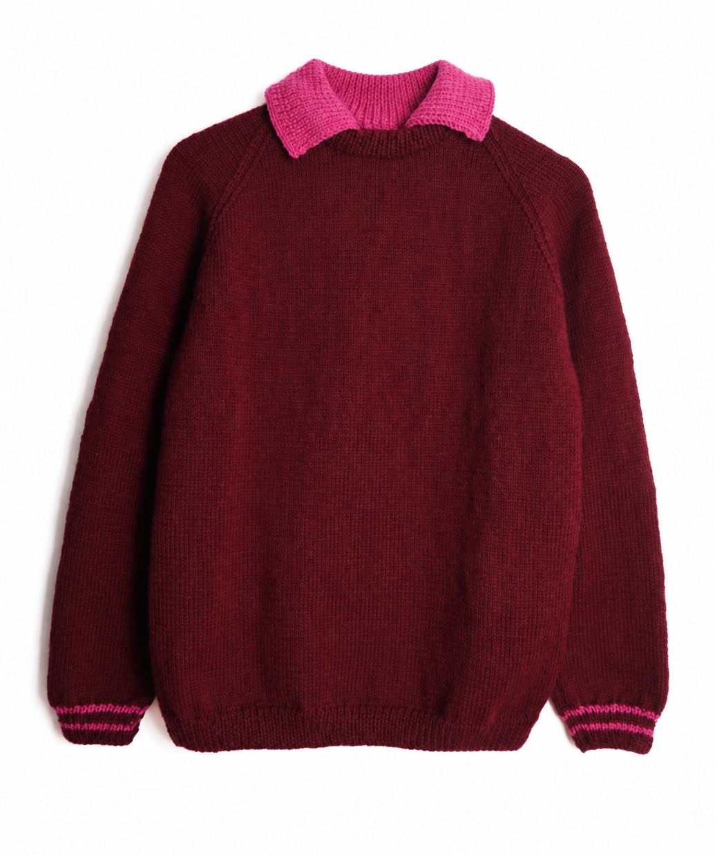 A dark burgundy knit sweater with a bright pink collar and matching pink stripes on the cuffs, displayed flat against a white background.