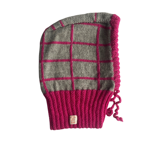 Pink Graphite Grid Balaclava, one-off hand-knitted balaclava by Kazak Woolies