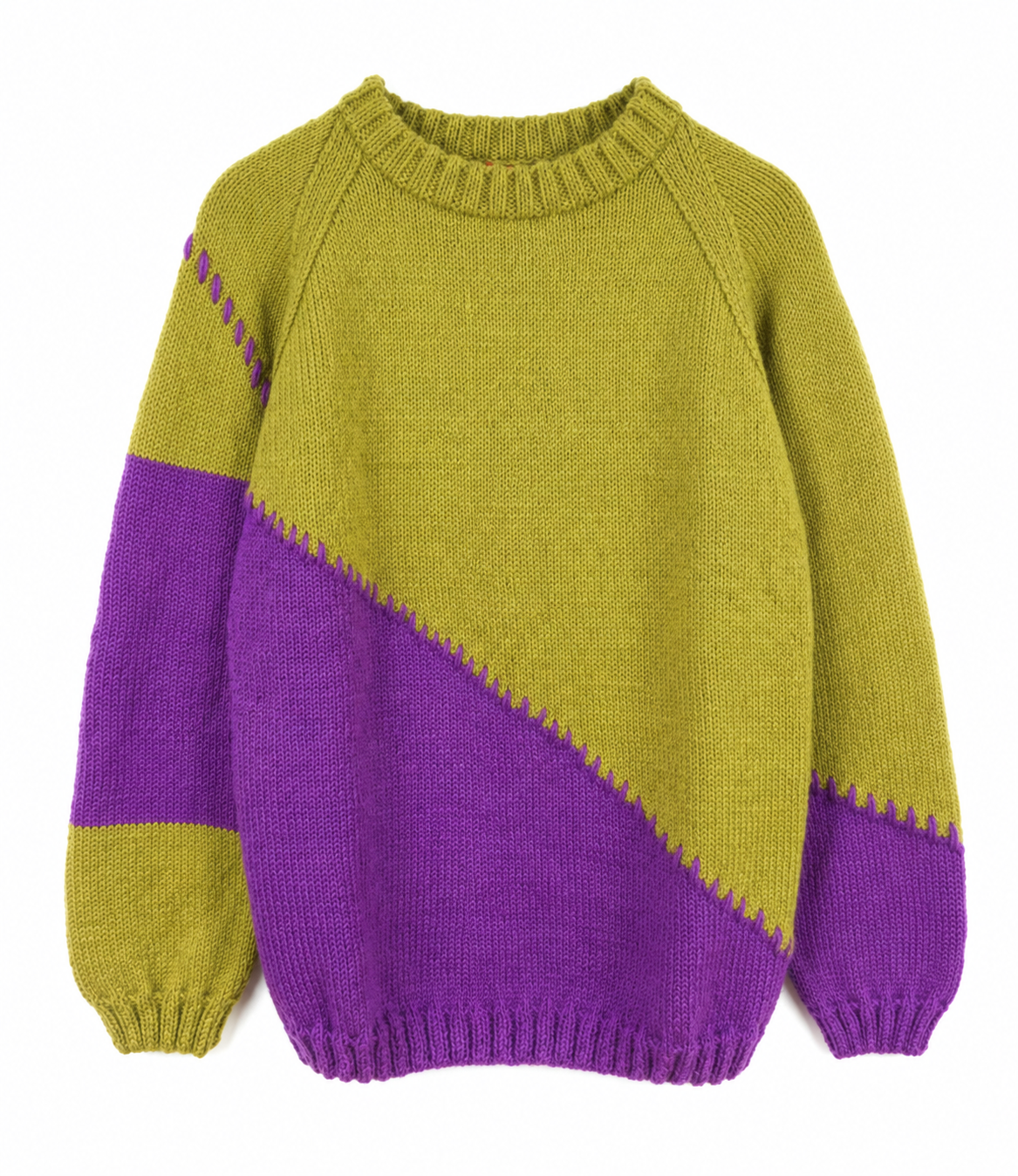 A hand-knit long-sleeve sweater with a color-blocked design, featuring a mustard yellow body and sleeves with a diagonal purple section on the lower half and upper sleeve, set against a plain white background.