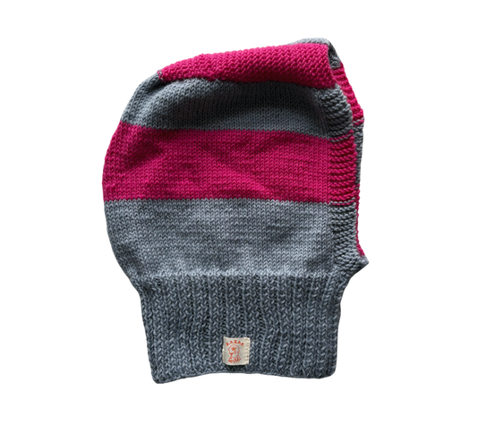 Plum Bold Stripe Balaclava, one-off hand-knitted balaclava by Kazak Woolies