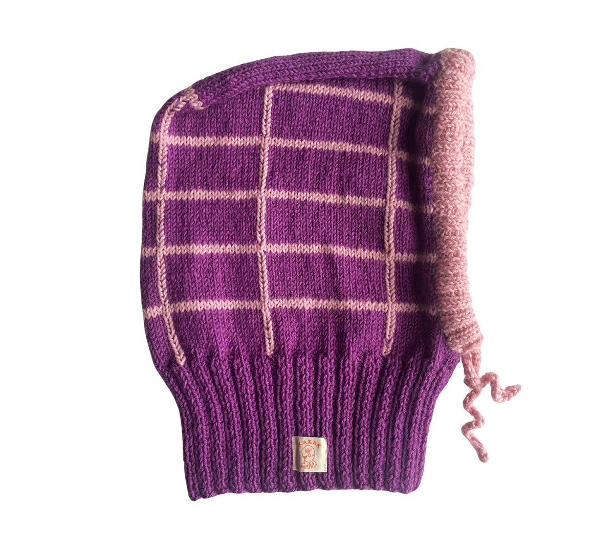 Plum Grid Balaclava, one-off hand-knitted balaclava by Kazak Woolies