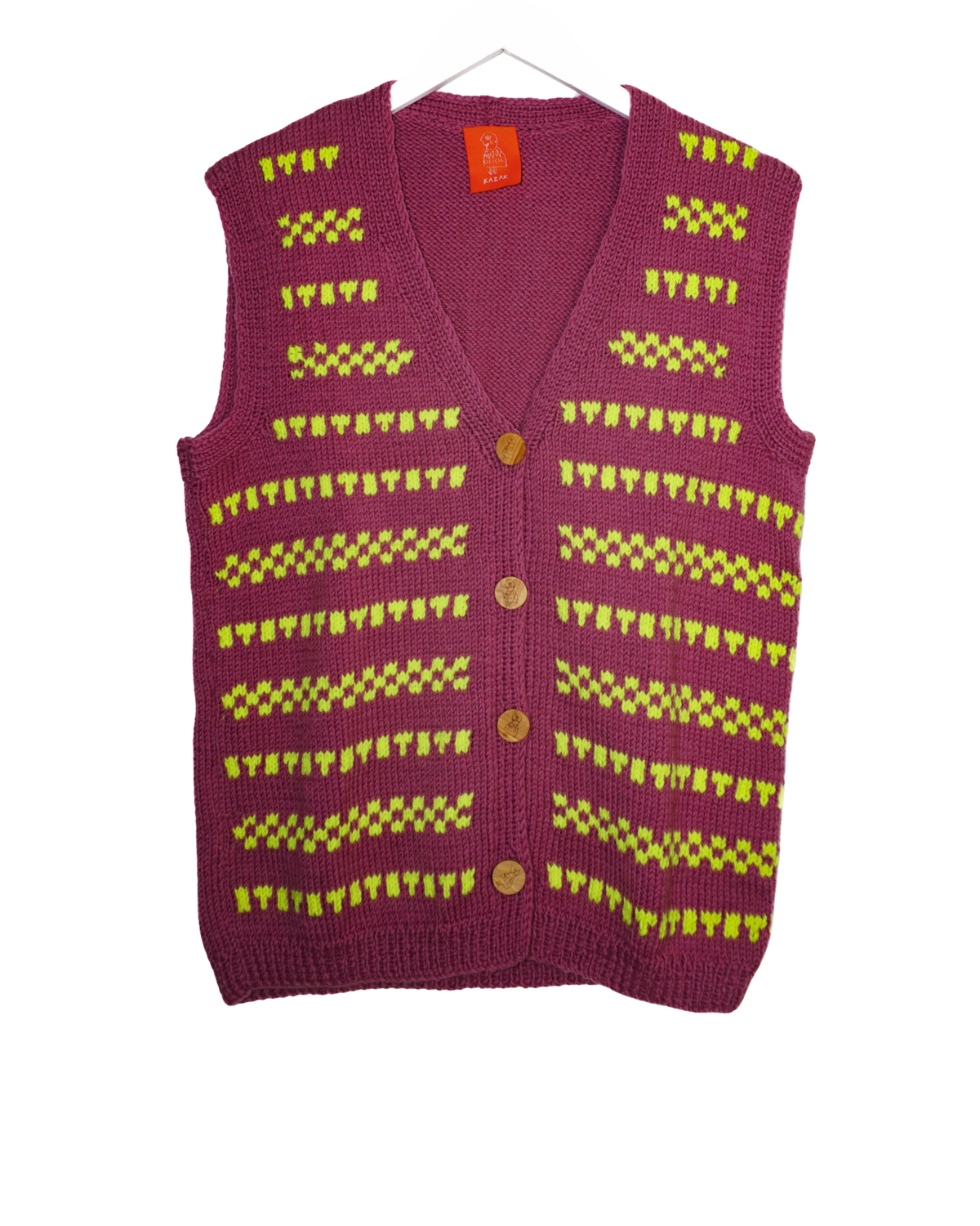 Plum Signal Vest, one-off hand-knitted vest by Kazak Woolies
