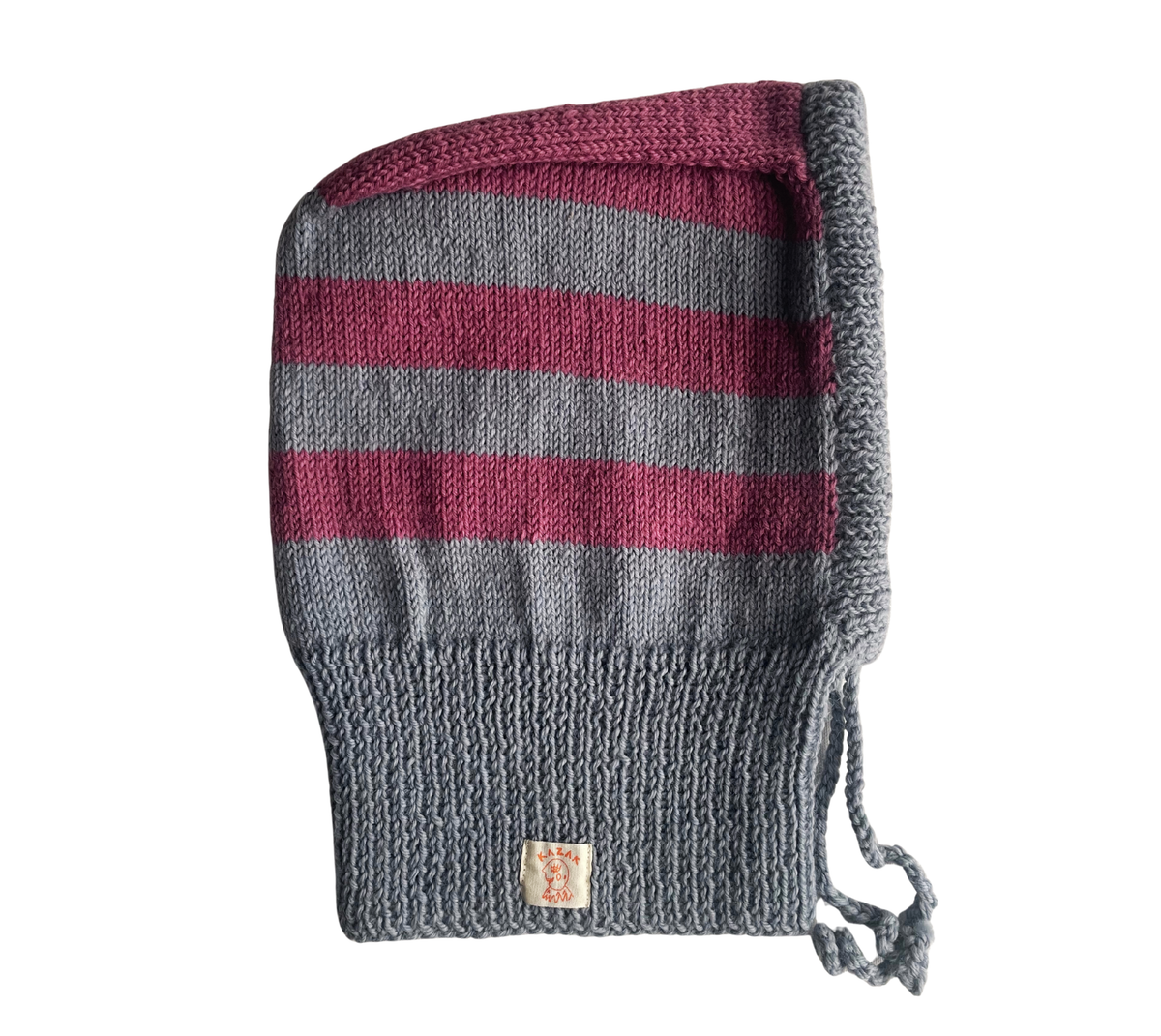 Plum Stripe Balaclava, one-off hand-knitted balaclava by Kazak Woolies