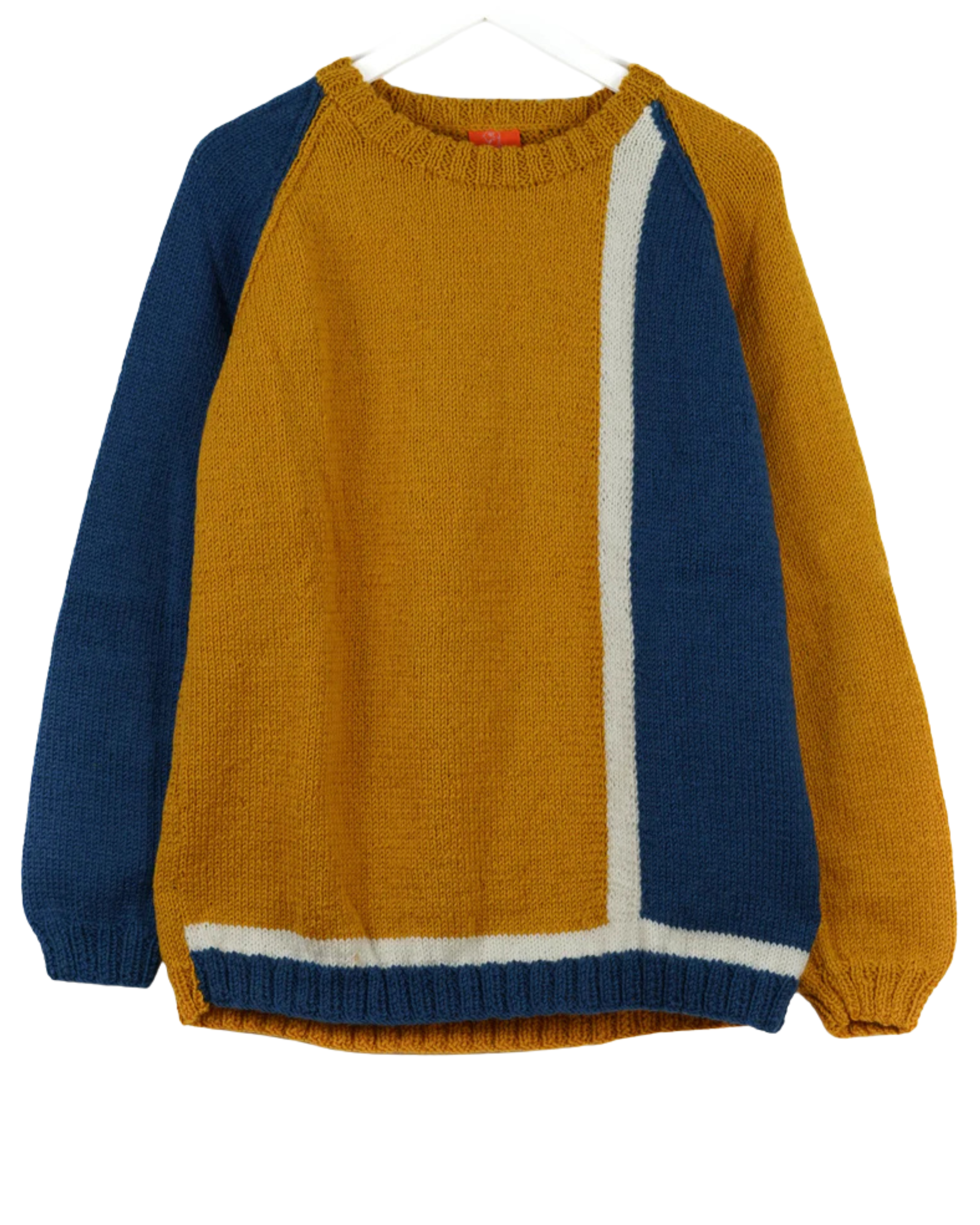 Mustard yellow jumper with blue sleeves on a white background
