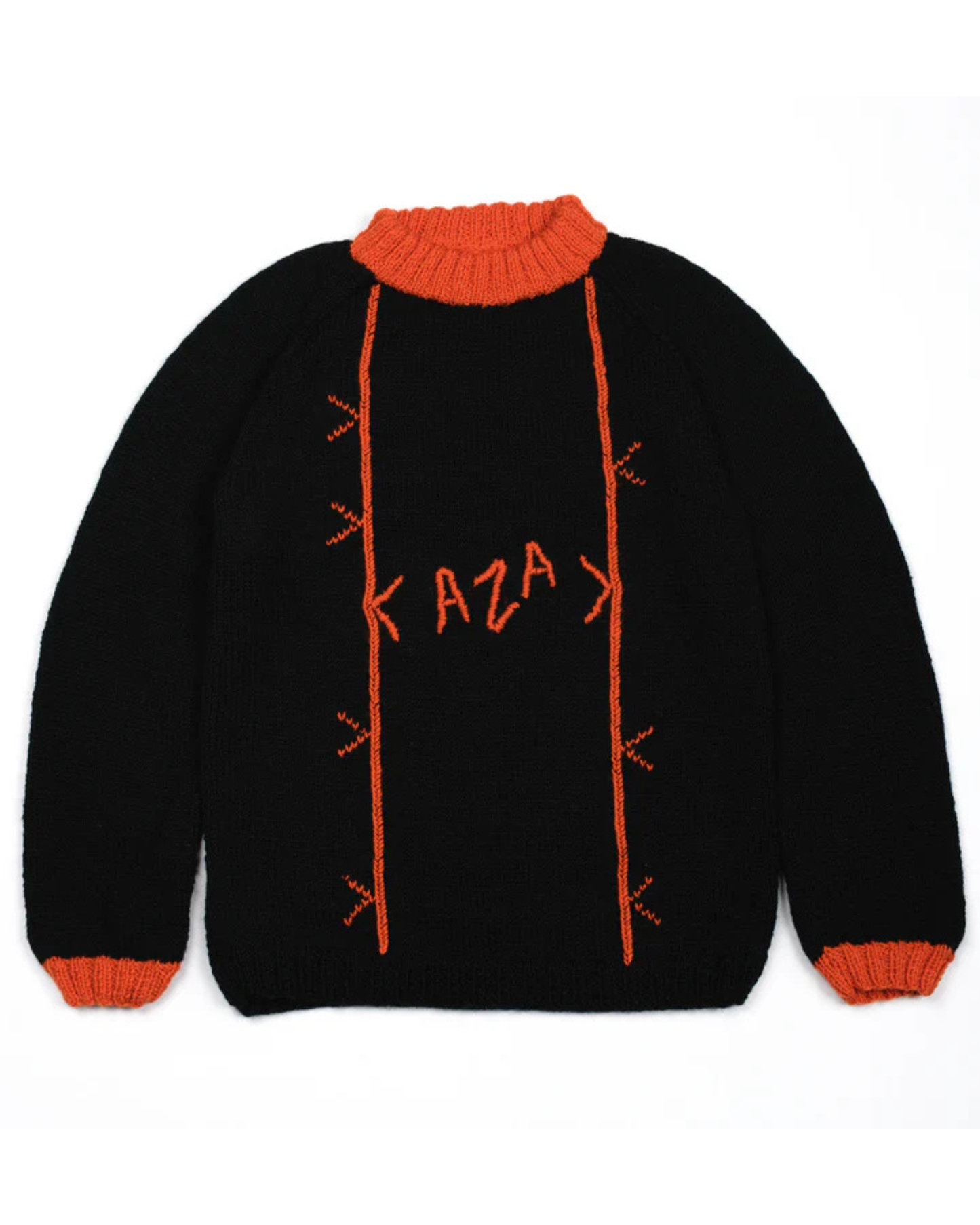 Black sweater with red accents and 'KAZAK' text on a white background