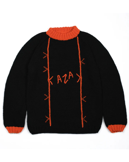 Black sweater with red accents and 'KAZAK' text on a white background