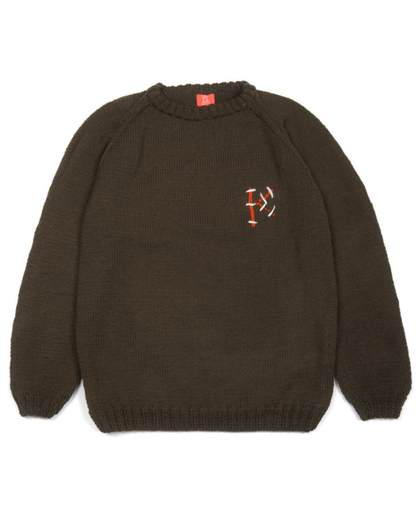 khaki jumper with a logo on the chest against a white background