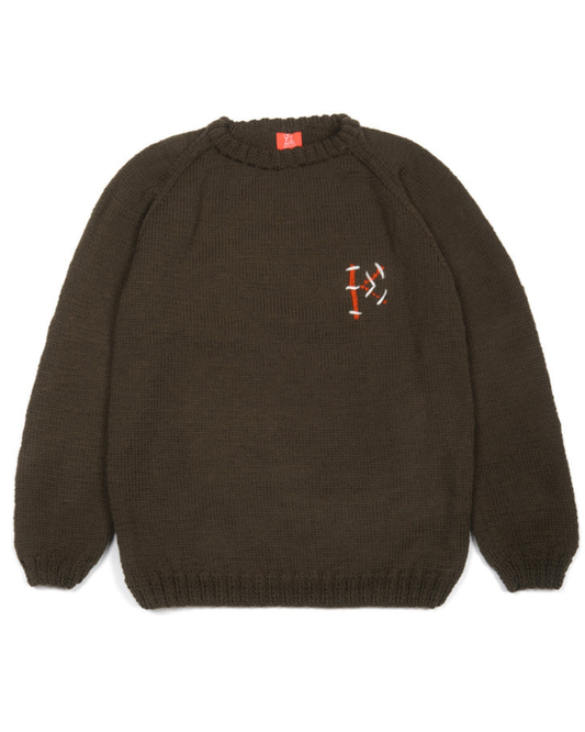 khaki jumper with a logo on the chest against a white background