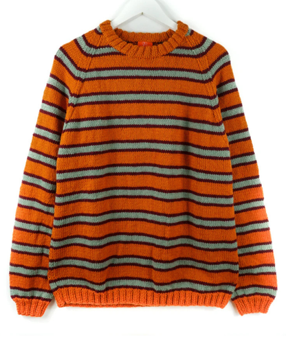 Orange and gray striped jumper on a white hanger