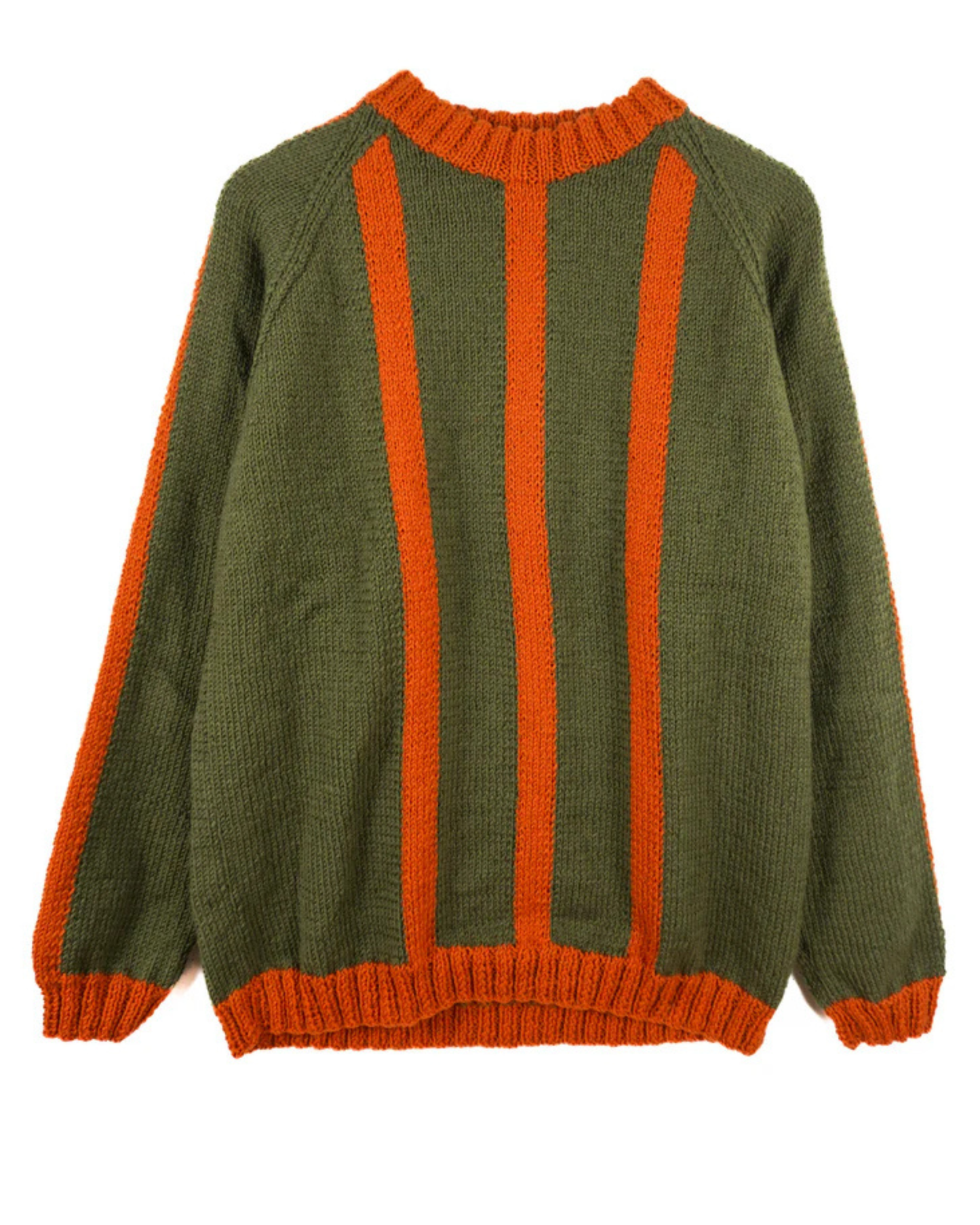 Green sweater with orange stripes on a white background