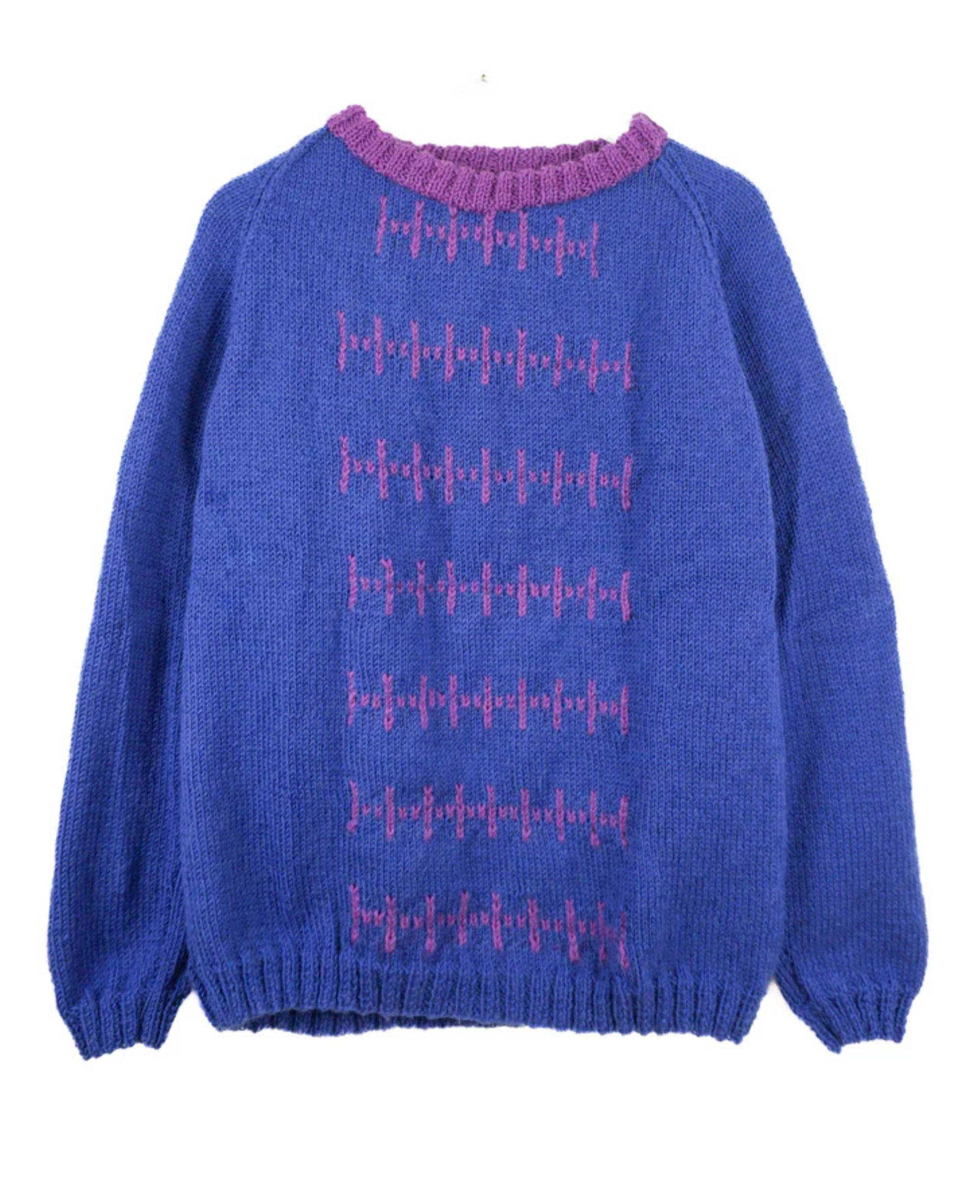 purple patterned blue jumper