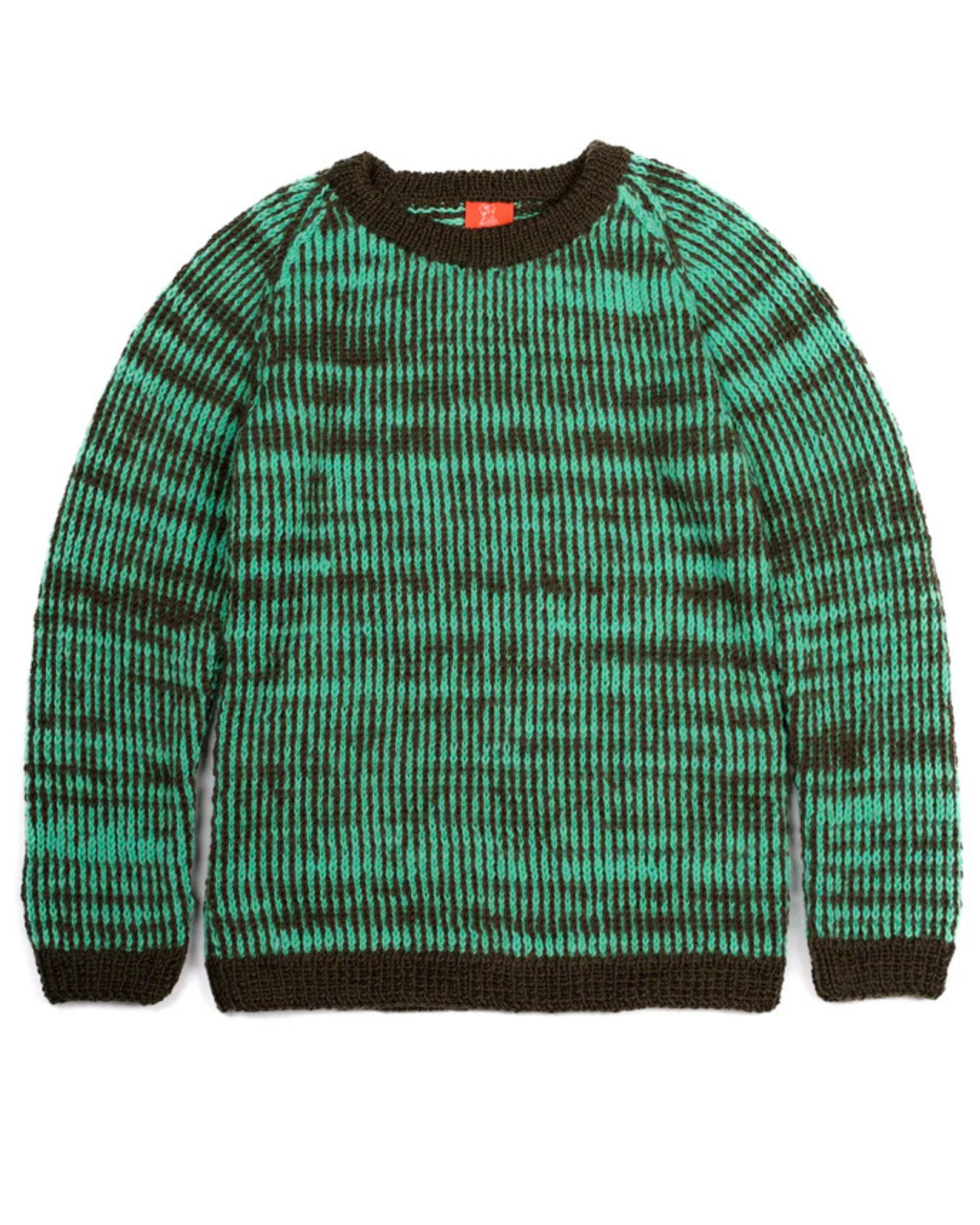 Green and brown patterned jumper on a white background