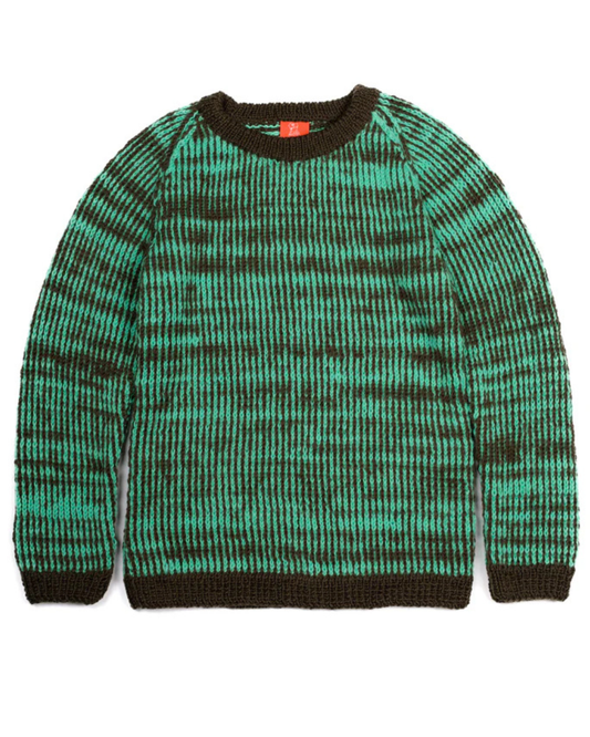 Green and brown patterned jumper on a white background