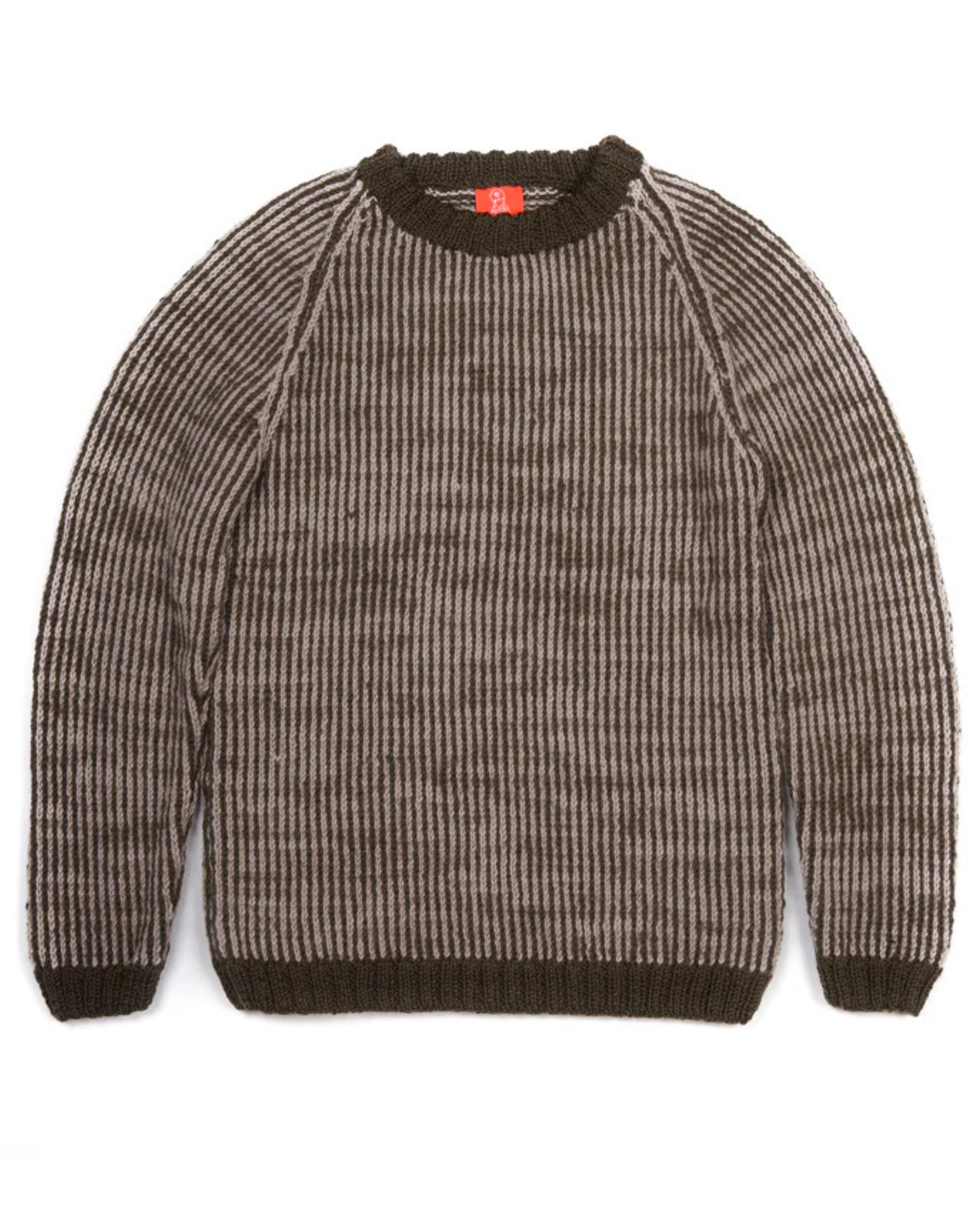 khaki jumper with black trim on a white background