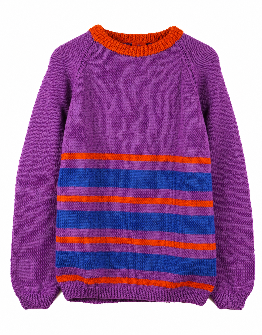 Purple hand-knitted sweater with an orange crew neck and horizontal blue and orange stripes across the lower half, displayed against a white background.