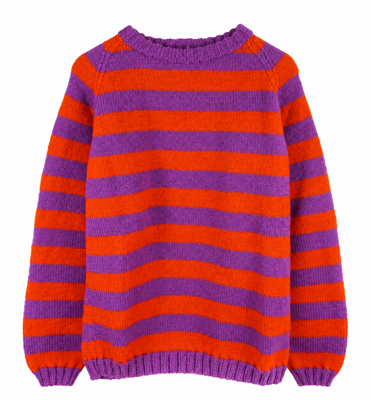 Orange and purple striped hand-knitted crewneck sweater with long sleeves and purple ribbed neckline, cuffs and hem.