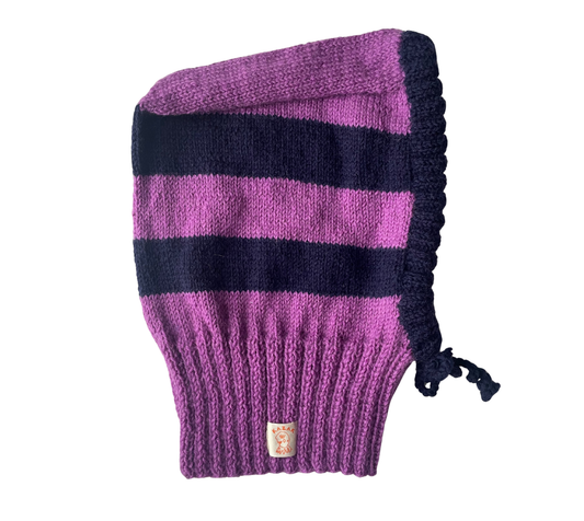 Purple Navy Striped Balaclava, one-off hand-knitted balaclava by Kazak Woolies
