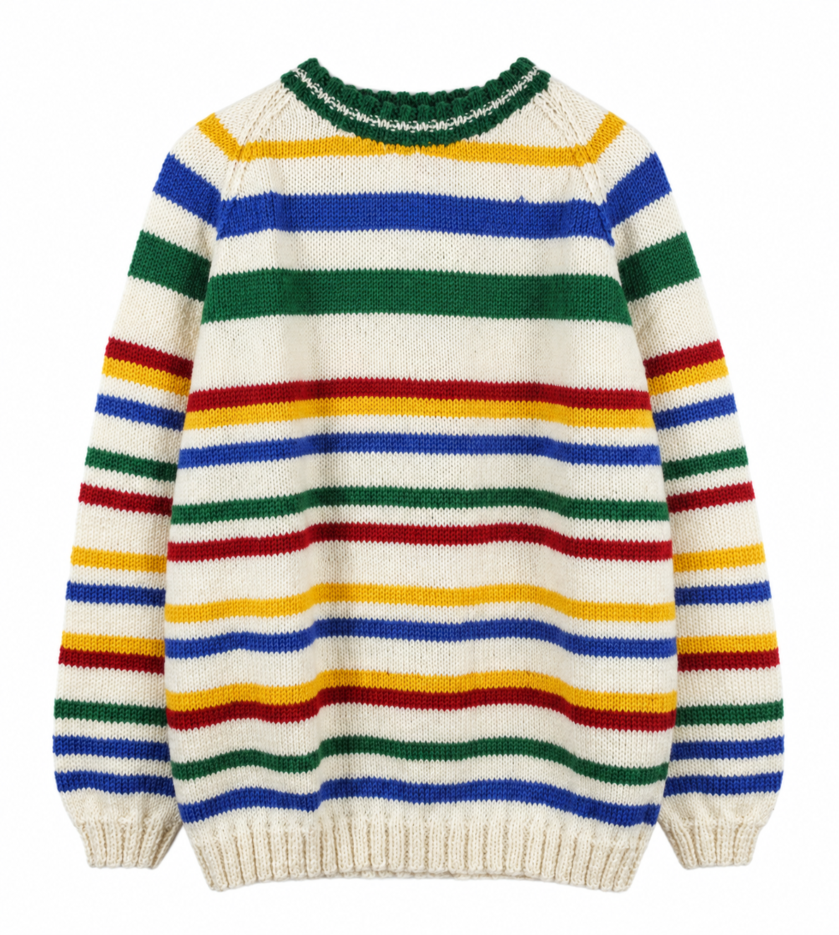 Cream hand-knitted sweater with horizontal stripes in blue, green, red and mustard yellow, featuring a green ribbed crew neck and cream ribbed cuffs and hem.