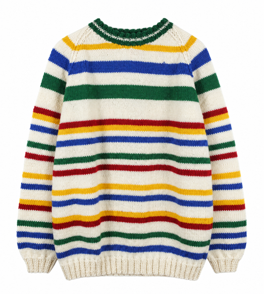 Cream hand-knitted sweater with horizontal stripes in blue, green, red and mustard yellow, featuring a green ribbed crew neck and cream ribbed cuffs and hem.