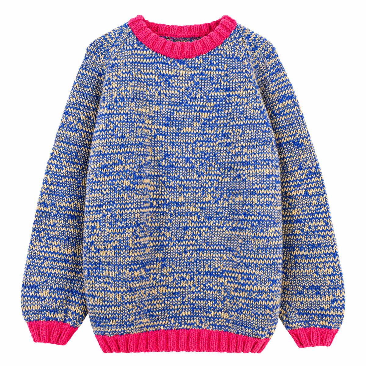 Blue and cream marled hand-knitted crewneck sweater with bright pink ribbed neckline, cuffs and hem, featuring a chunky textured knit and relaxed fit