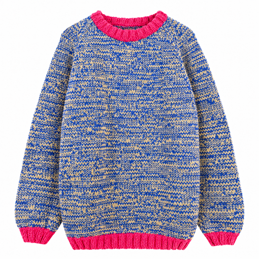 Blue and cream marled hand-knitted crewneck sweater with bright pink ribbed neckline, cuffs and hem, featuring a chunky textured knit and relaxed fit