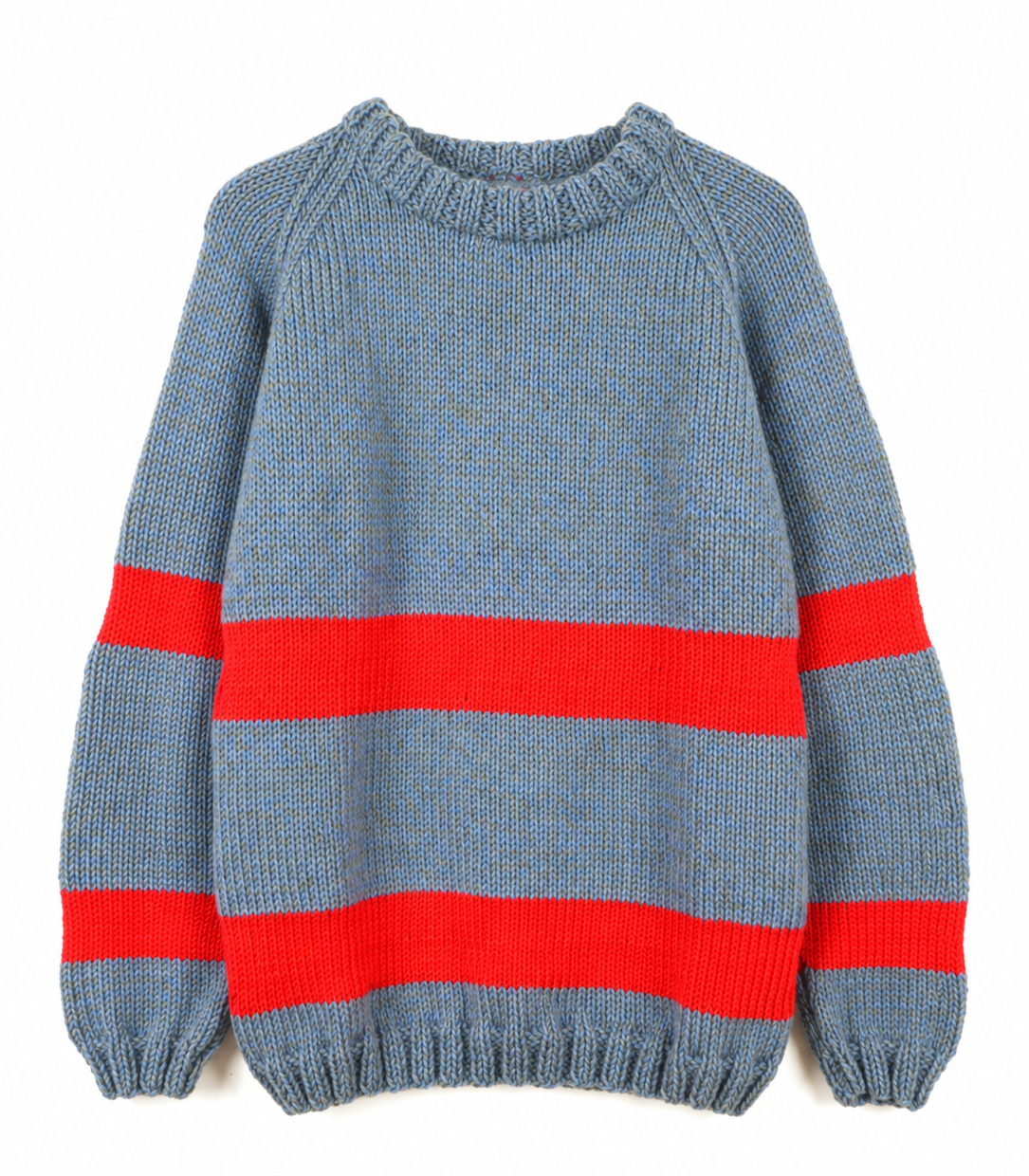 Chunky blue-grey knitted sweater with bright red-orange horizontal stripes across the body and sleeves, featuring a ribbed crew neck, cuffs and hem, displayed against a white background.