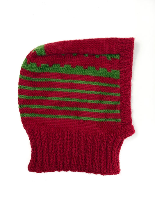 Red and Green Balaclava, one-off hand-knitted balaclava by Kazak Woolies