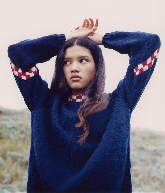 Red and White Checkered Collar Jumper, one-off hand-knitted jumper by Kazak Woolies