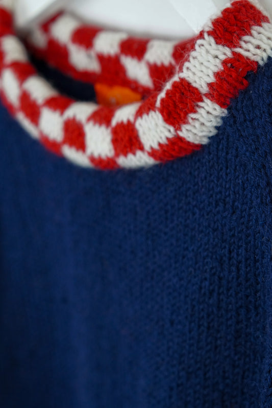 Red and White Checkered Collar Jumper, one-off hand-knitted jumper by Kazak Woolies